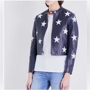 Sandro navy blue and white star motif leather jacket coat 2/M